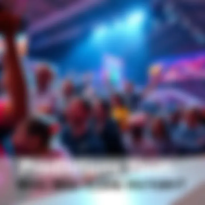 A diverse group of people expressing excitement and discussing potential winners in a lively atmosphere