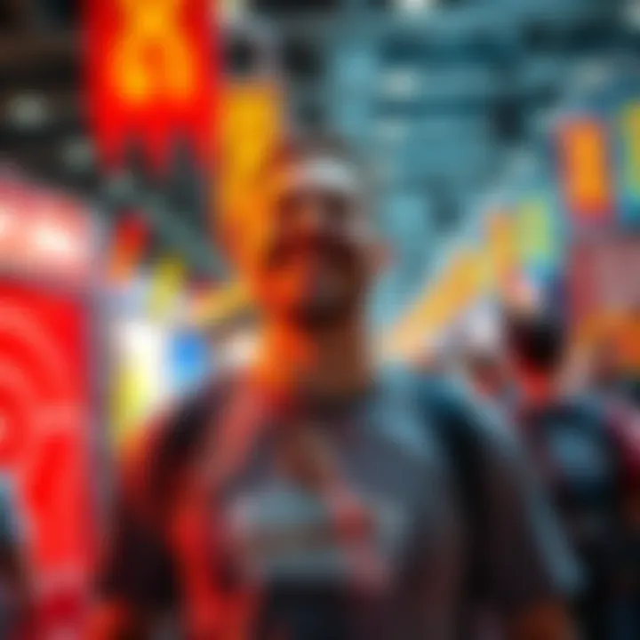 A person smiling brightly at a convention, wearing a shirt featuring Keith Sadies, surrounded by colorful decorations and signs