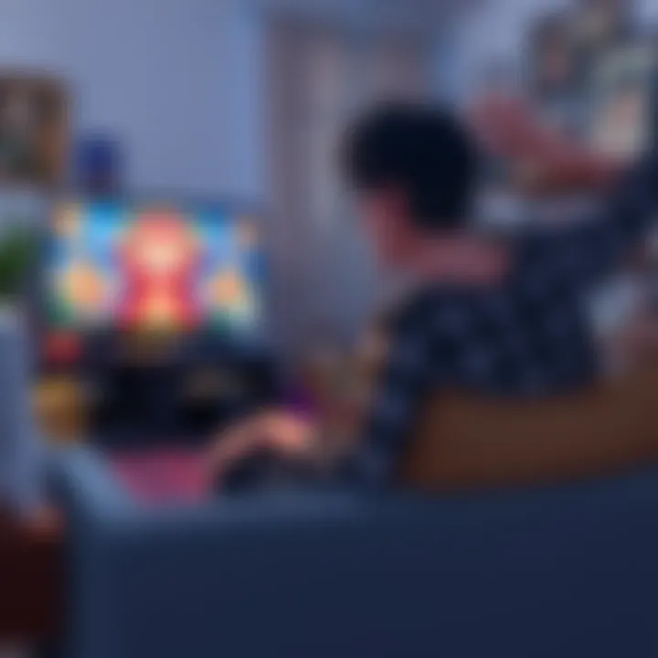 A fan sitting on a couch, animatedly watching One Piece on a TV, surrounded by anime merchandise