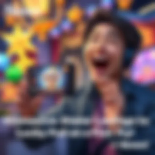 A thrilled gamer with joyful expression holding their phone, showing a game screen with a newly acquired character after a lucky draw, surrounded by colorful game-themed decorations