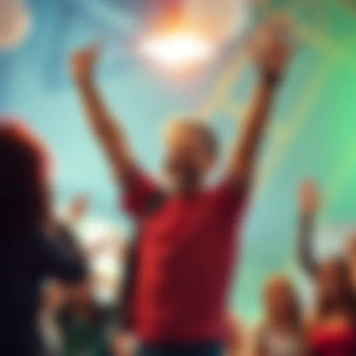 A happy person with arms raised, celebrating their new membership in a community. Bright colors and a welcoming atmosphere around them.