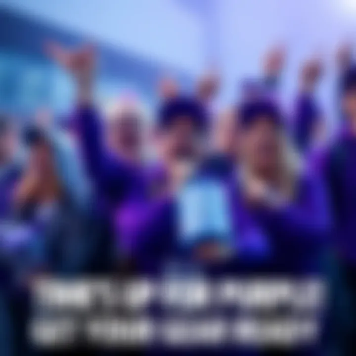 A group of excited people in purple outfits gathering gear for a purple-themed event