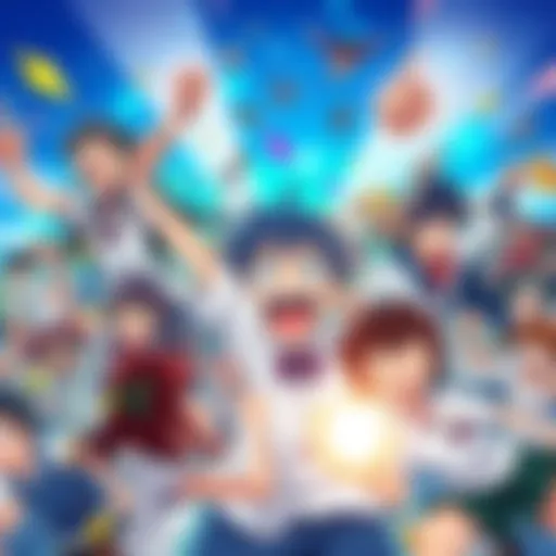 A vibrant collage of various anime characters showing excitement and thrill, set against a dynamic background.