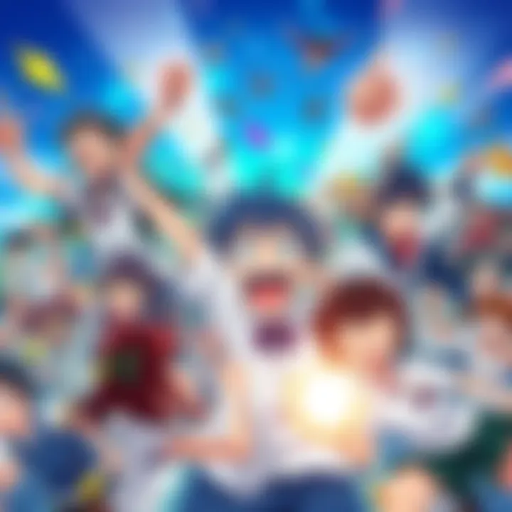 Exciting Anime Scene A vibrant collage of various anime characters showing excitement and thrill, set against a dynamic background.