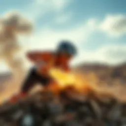 An athlete performing a powerful pile-driving move in a dramatic setting, showcasing strength and energy.