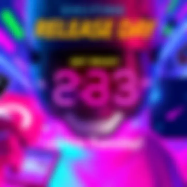 A vibrant poster announcing the upcoming release of 233 with colorful graphics and a countdown timer