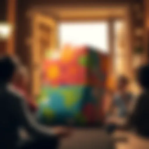 A large, colorful package sits on a doorstep surrounded by excited people, showcasing their anticipation for the delivery.