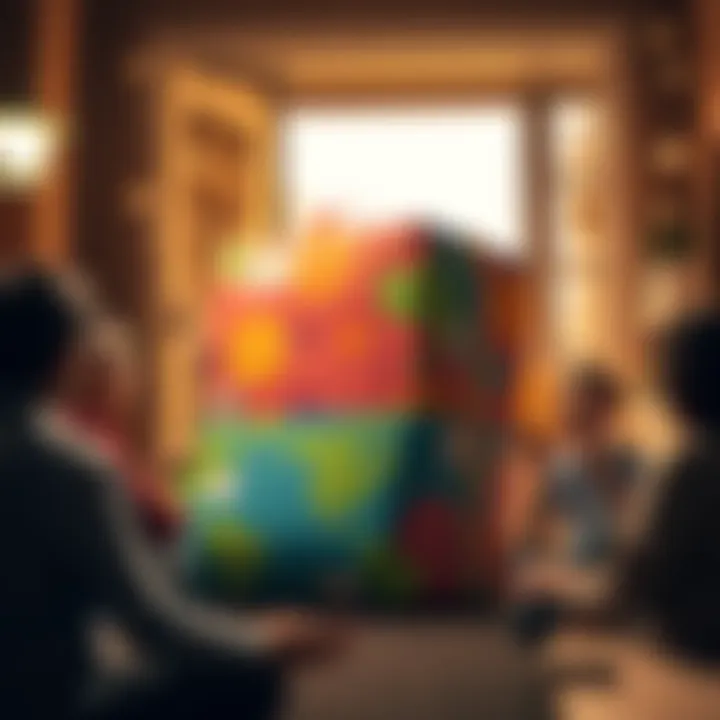 A large, colorful package sits on a doorstep surrounded by excited people, showcasing their anticipation for the delivery.