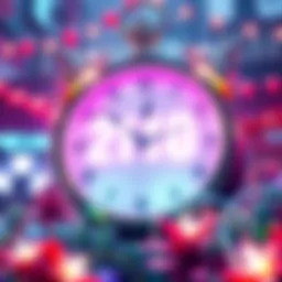 A clock showing 21:00 JST with bright lights and decorations around it