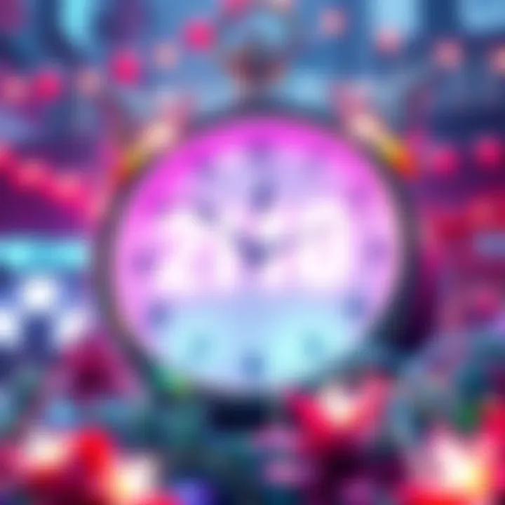A clock showing 21:00 JST with bright lights and decorations around it