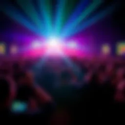 Exciting Opening Scene A vibrant and energetic crowd cheering at a live event, lights flashing and music pumping, creating a lively atmosphere.