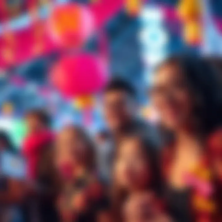 People enjoying an exciting Waow event with colorful decorations and joyful expressions.