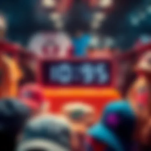 A digital countdown clock showing hours left for a merch drop surrounded by merchandise examples like shirts and hats.