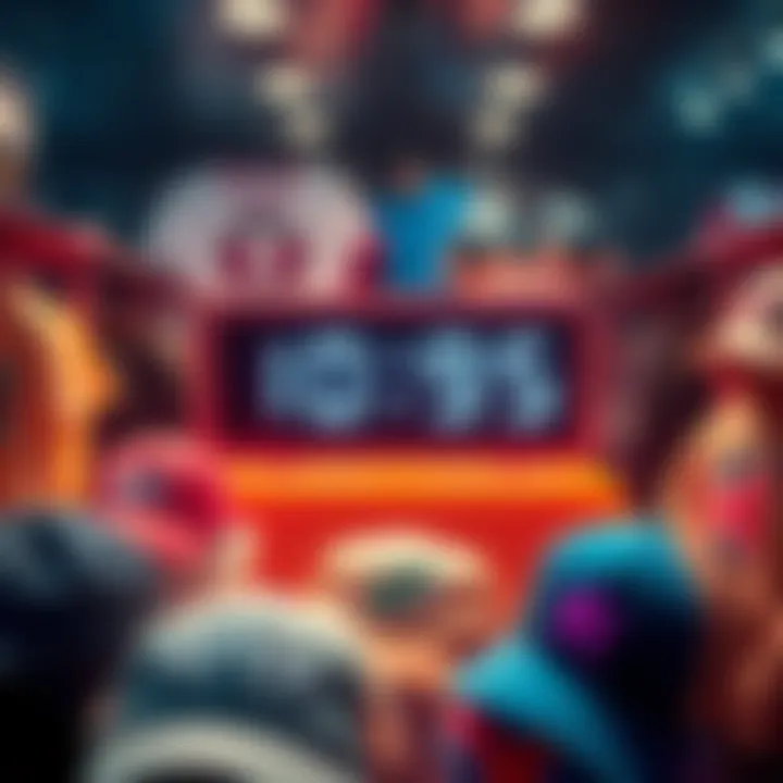 A digital countdown clock showing hours left for a merch drop surrounded by merchandise examples like shirts and hats.
