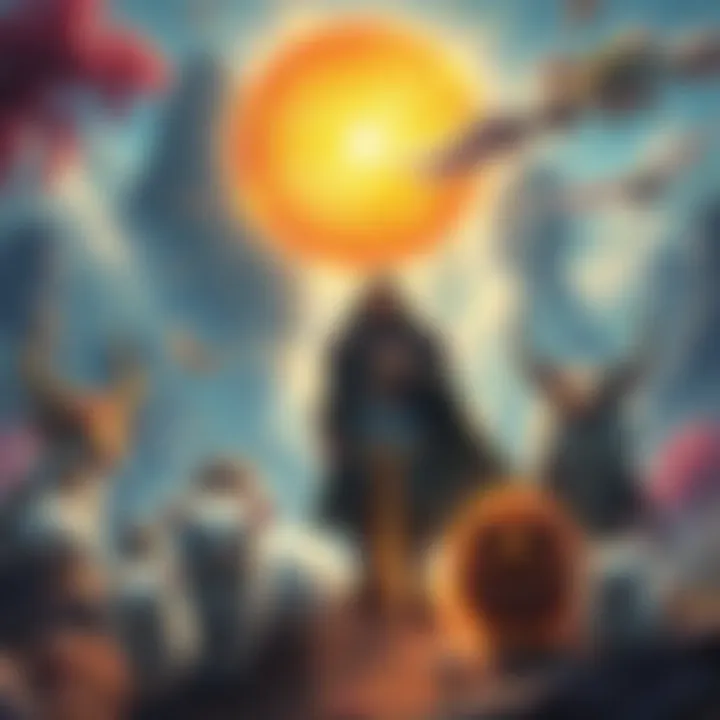 Exiled Noble in a Magical World An exiled noble stands in a vibrant magical landscape with fluffy companions, holding a holy sword, surrounded by mystical creatures and treasures.