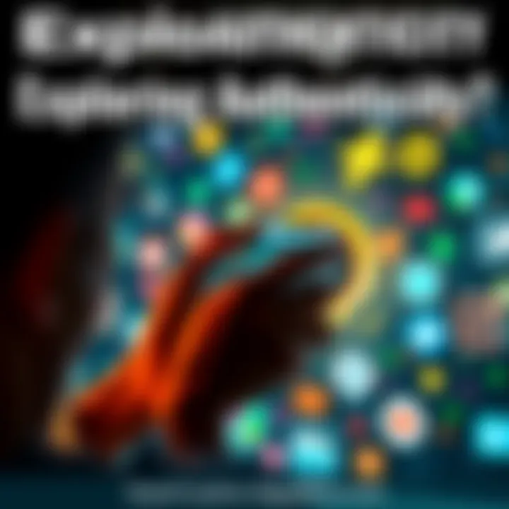 A person holding a smartphone while looking at a digital screen, surrounded by various social media icons, symbolizing the search for realness in a tech-driven world.