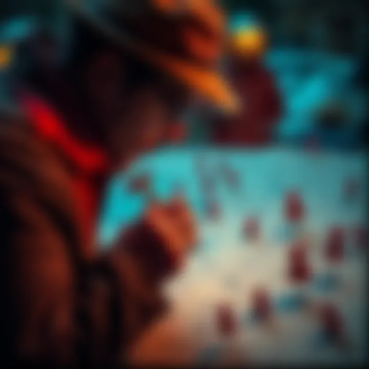 A detective examining a map filled with pins and notes on strange incidents and unresolved cases