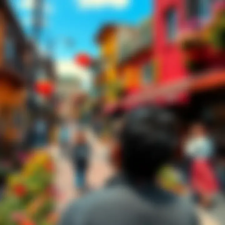 A person looking around in a vibrant neighborhood, noticing details like flowers, buildings, and people interacting as they walk by.
