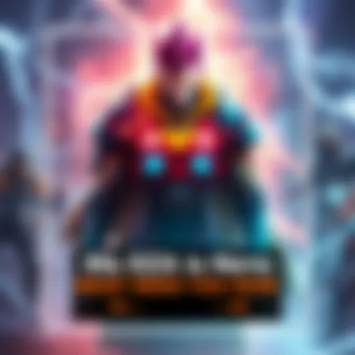 A vibrant splash screen showcasing a new character with exciting abilities, set against a game-themed background with lightning effects