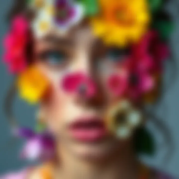 A person with fake flowers attached to their face, showcasing various colors and styles for a creative look.