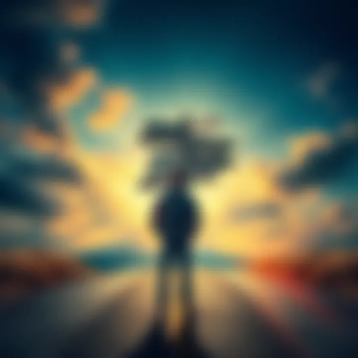 A person standing at a crossroads, looking contemplative as they face a signpost with various life paths, symbolizing the tough choices in life.