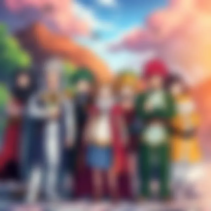 Fairy Tail Group of Characters Main characters from Fairy Tail standing together, showcasing their unique outfits and expressions in a colorful setting.