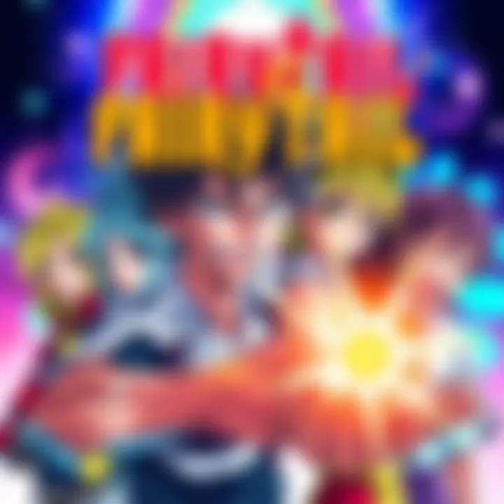 A group of colorful characters from Fairy Tail anime, smiling and showing their magical abilities, surrounded by a vibrant background.