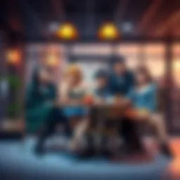 Fairy Tail characters dressed as the main characters from Friends, posing in a coffee shop setting