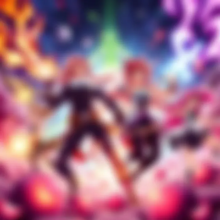 Main characters from Fairytail showcase their magic powers in a vibrant battle scene