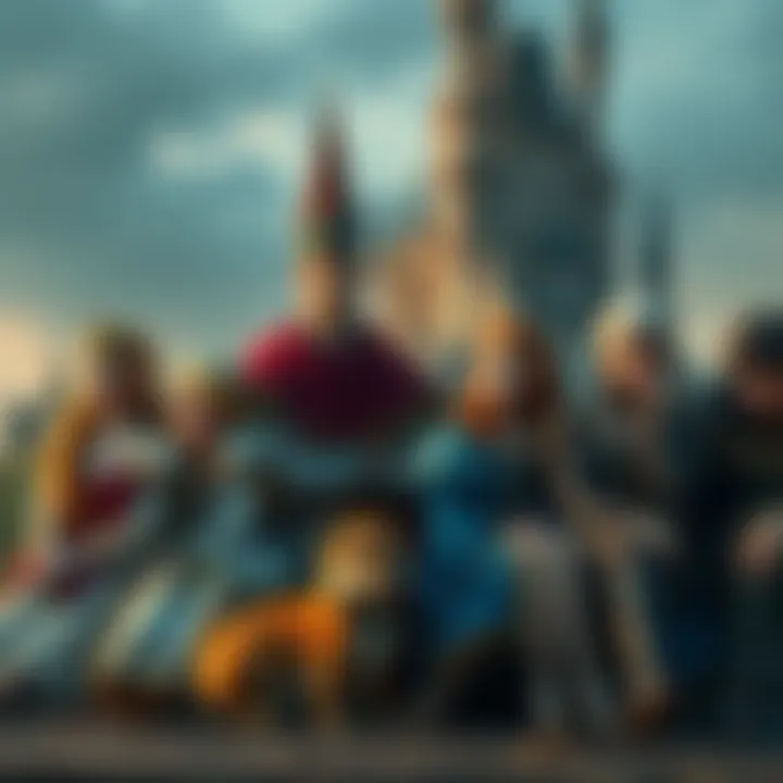 A group of fairytale characters sitting together, looking thoughtful and contemplative, with a backdrop of a castle in disrepair.