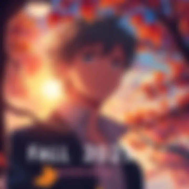 A scene from a romantic anime featuring a male character with a hopeful expression, surrounded by autumn leaves and a warm sunset, symbolizing love and emotions.