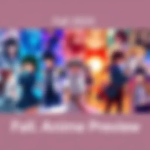 A colorful collage of popular fall 2025 anime characters and scenes, showcasing various genres like action, romance, and fantasy.