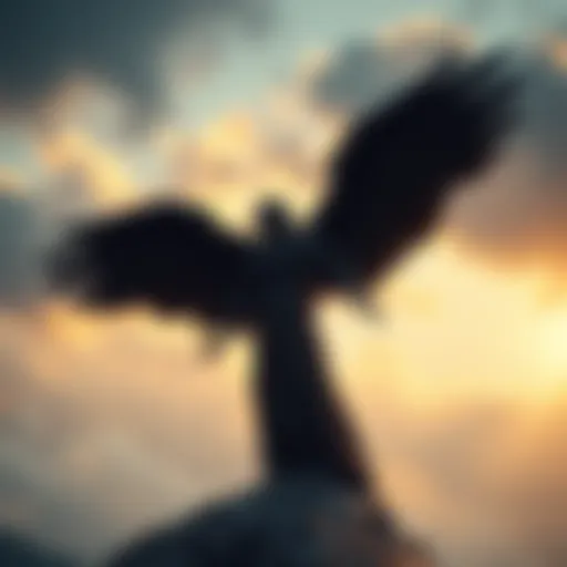A dark figure with large black wings stands in a cloudy sky, representing a fallen angel. The figure has an ethereal glow and a somber expression, suggesting a connection to ancient lore.