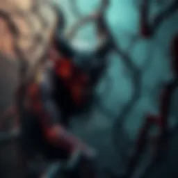 Falling Devil Trapped The Falling Devil entwined in dark vines, with a distressed expression, trapped by Yoru in a shadowy setting.