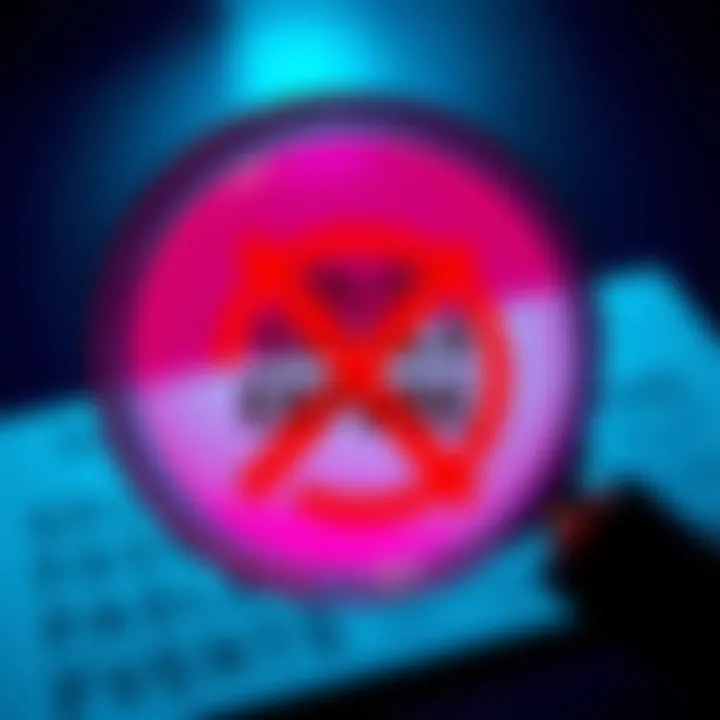 A magnifying glass focusing on misleading statements with a red crossed-out symbol, symbolizing the challenge to false narratives.