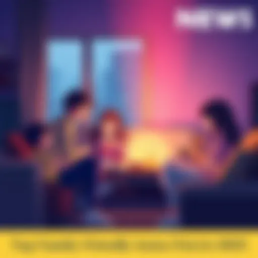 A family gathered in a living room, enjoying a fun anime movie night with snacks and laughter.