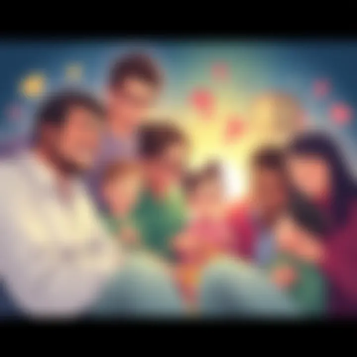An illustration showing various family members interacting, highlighting their emotional connections and conflicts in a colorful and engaging way.