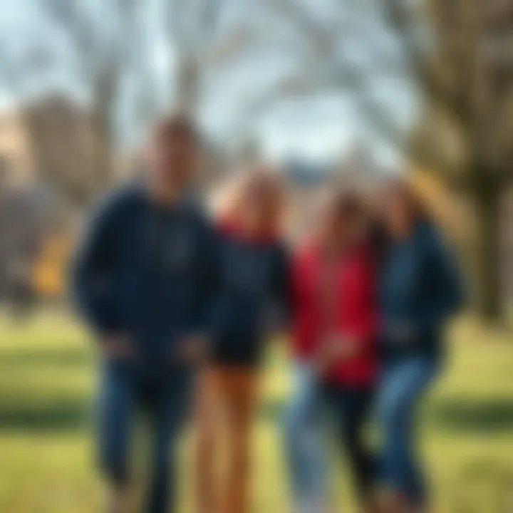A happy family wearing stylish matching hoodies in a park, enjoying a sunny day together.