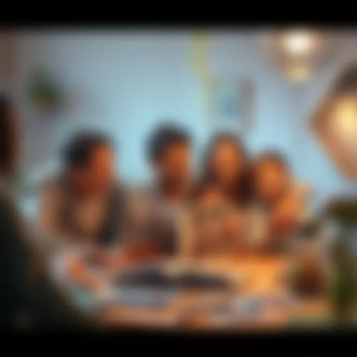 A family gathered together, smiling and holding a photo album, surrounded by memories on the table