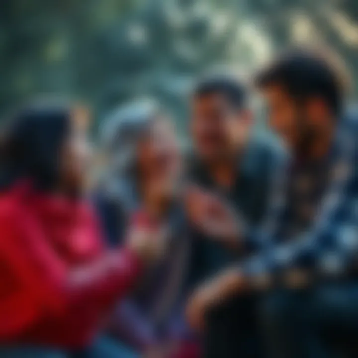A family gathered outdoors, sharing a cigarette while talking and laughing, with smoke swirling around them.