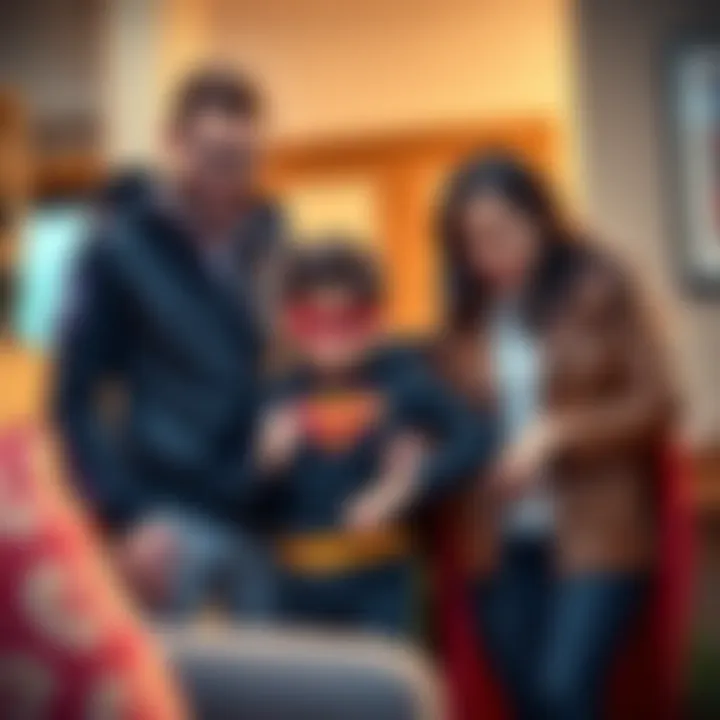 Loid and Anya welcome a teenage boy in a superhero costume into their home, showcasing a warm family moment at Eden Academy.