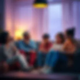 A family gathered in a living room, showcasing various emotional reactions during a visit, reflecting tension and comfort simultaneously.