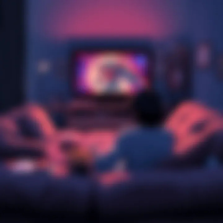A person sitting on a couch with a TV showing Neon Genesis Evangelion, surrounded by snacks and personal items, reflecting a cozy yet emotional atmosphere.