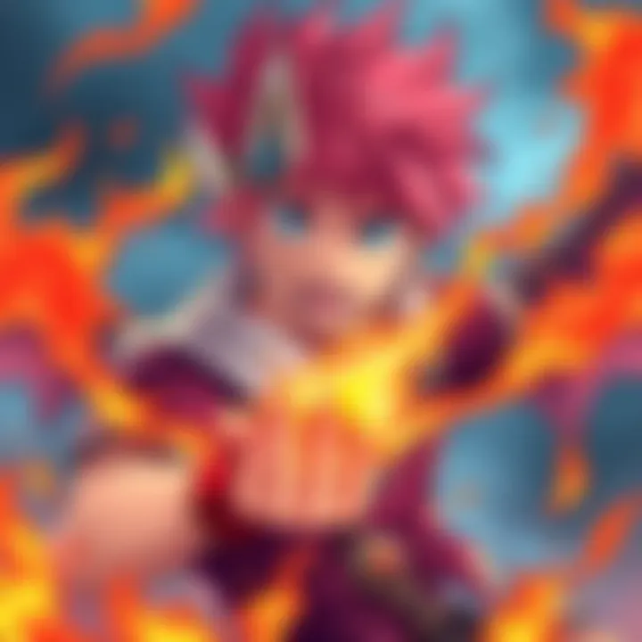 A colorful illustration of Natsu showcasing his iconic spiky pink hair and fiery expression in a dynamic pose, surrounded by flames to represent his dragon powers.