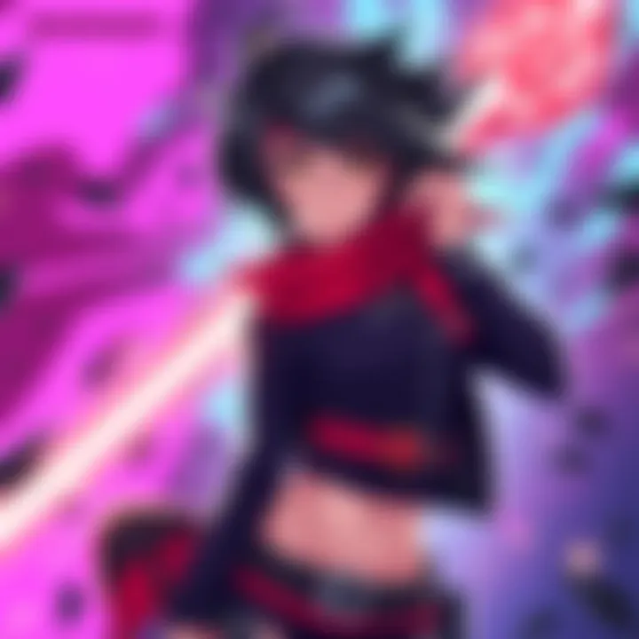 Vibrant fan art showcasing Sarada with her signature outfit and hairstyle, surrounded by bright colors and dynamic poses.
