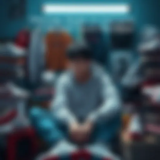 A young adult sitting alone surrounded by Bleach merchandise, looking thoughtful and a bit sad, representing feelings of isolation in fandom.