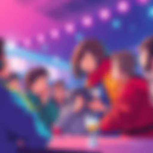 A vibrant illustration showing fans discussing whether they would let Suisei punch them, showcasing a humorous and lively debate atmosphere.