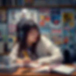 A college student studying with idol posters in the background, showing their dedication to both education and fandom