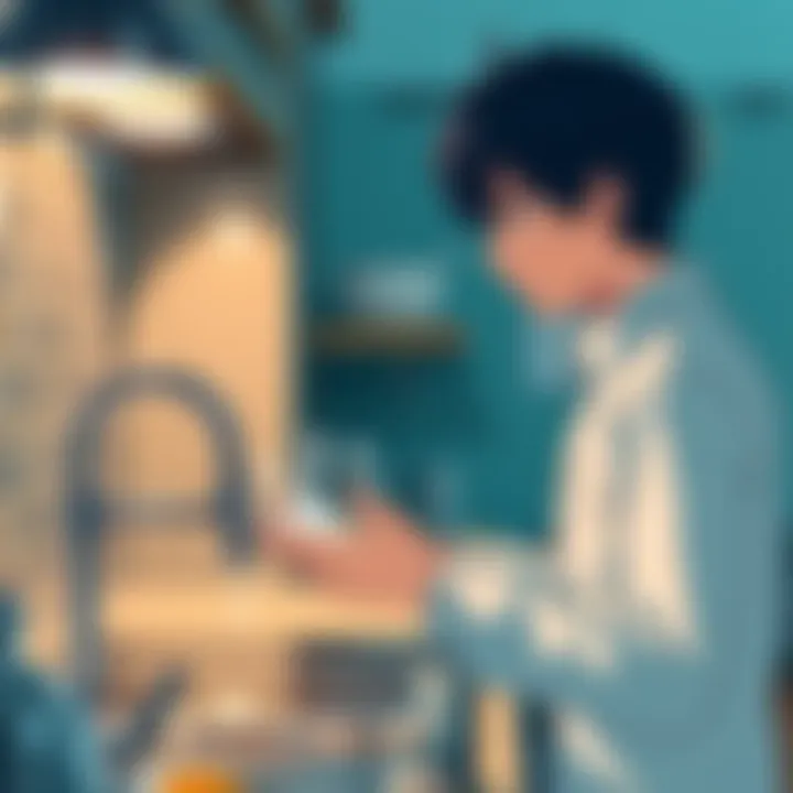 A character mistakenly identified as Naoya washing hands, while Yuji is actually performing the action, capturing a humorous mix-up in a kitchen setting.