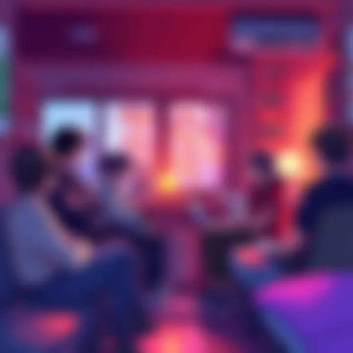 A group of fans discussing anime dubbing techniques and challenges in a cozy setting.